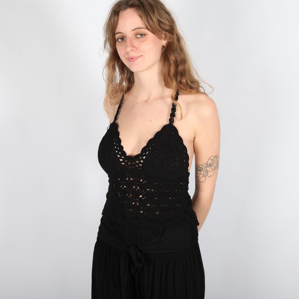 Lace Up Crochet Halter Top in Khaki Green, Navy, Cream or Black