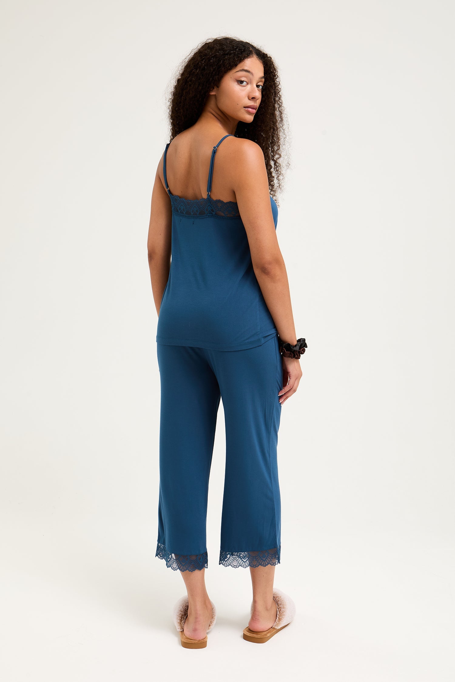 Bamboo Lace Cami Cropped Trouser Pyjama Set in Teal