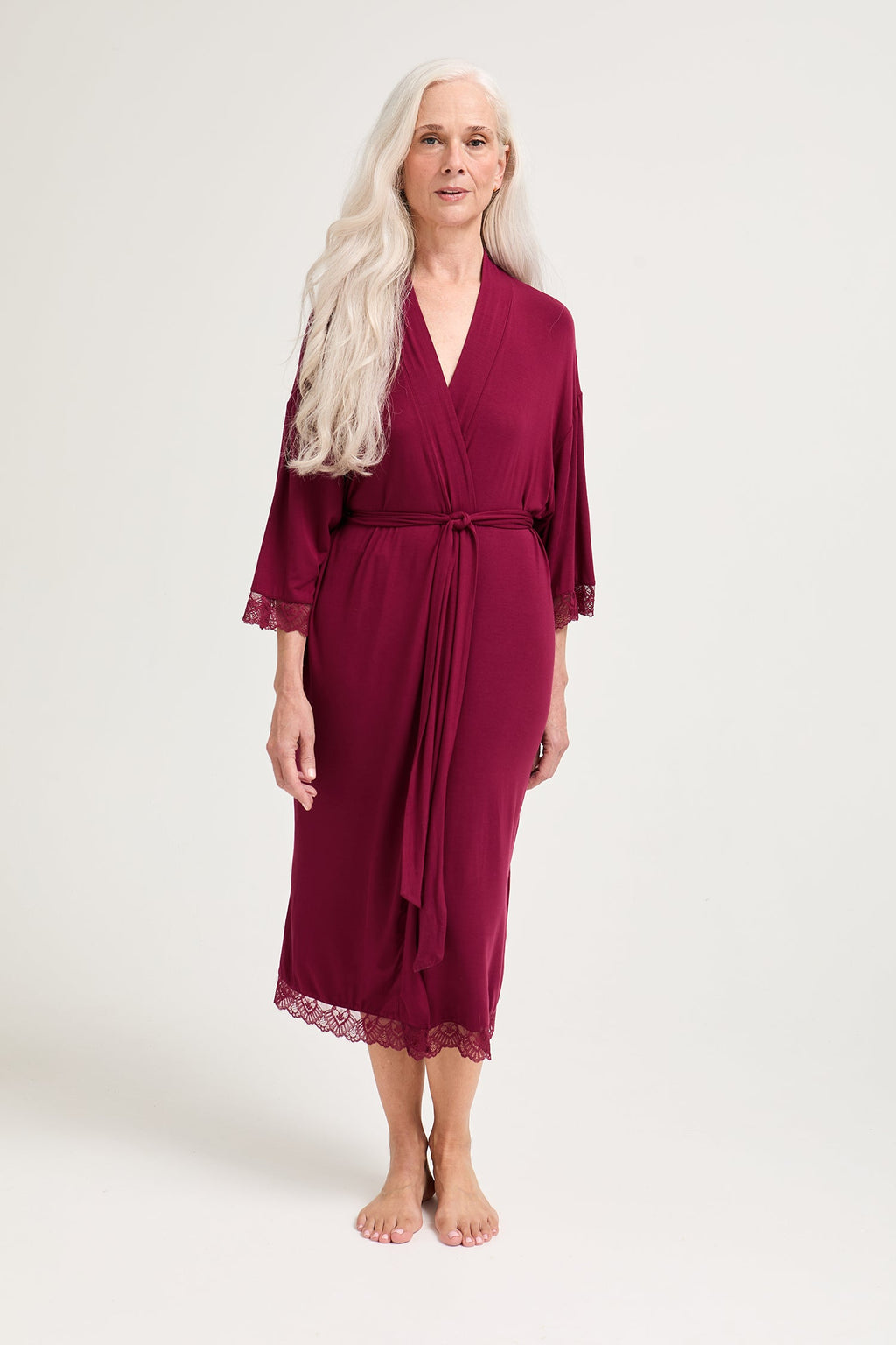 Bamboo Lace Kimono Robe in Bordeaux