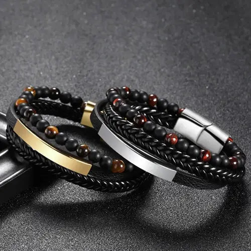 Black Agate and Tiger Eye Leather Bracelet