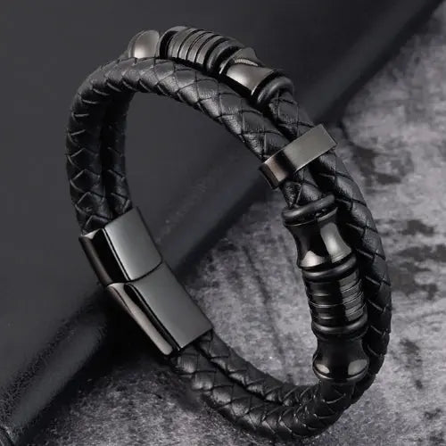 Black Leather Braided Bracelet with Charms