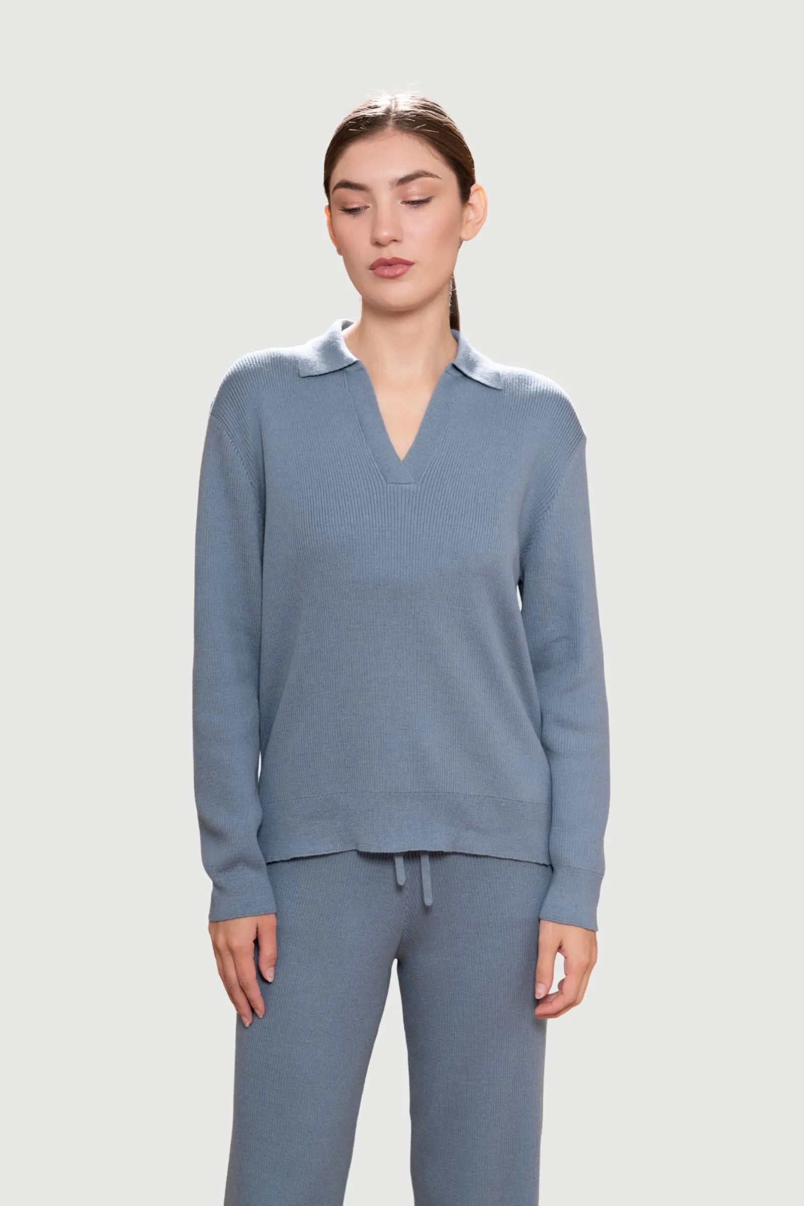 Ribbed Lounge Trousers in Pima Cotton and Baby Alpaca