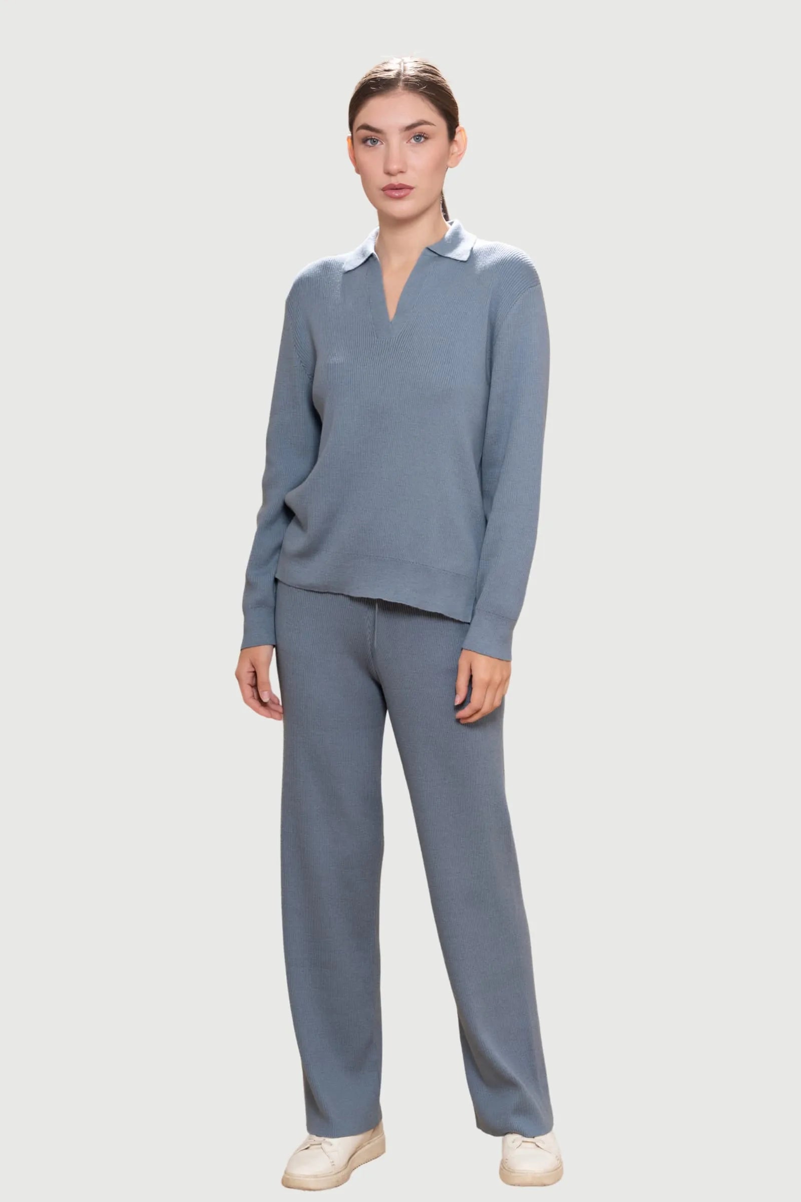 Ribbed Lounge Trousers in Pima Cotton and Baby Alpaca