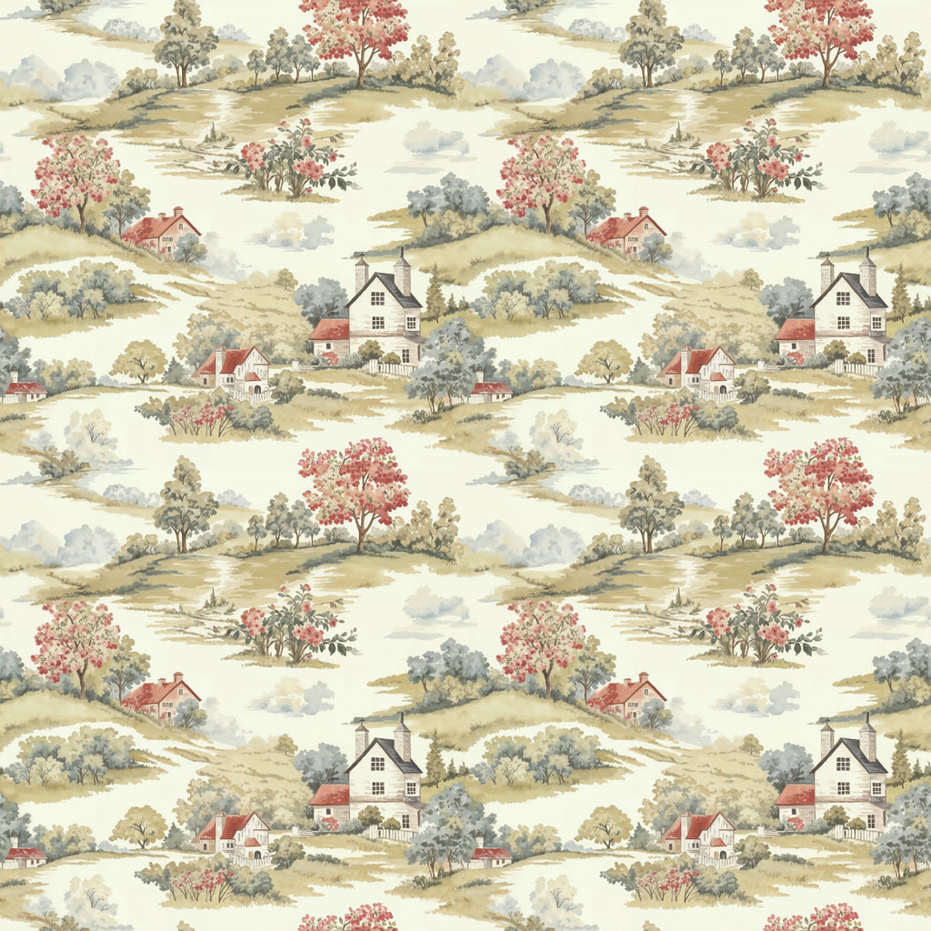 Country Barn and Hill Repeat Pattern Wallpaper