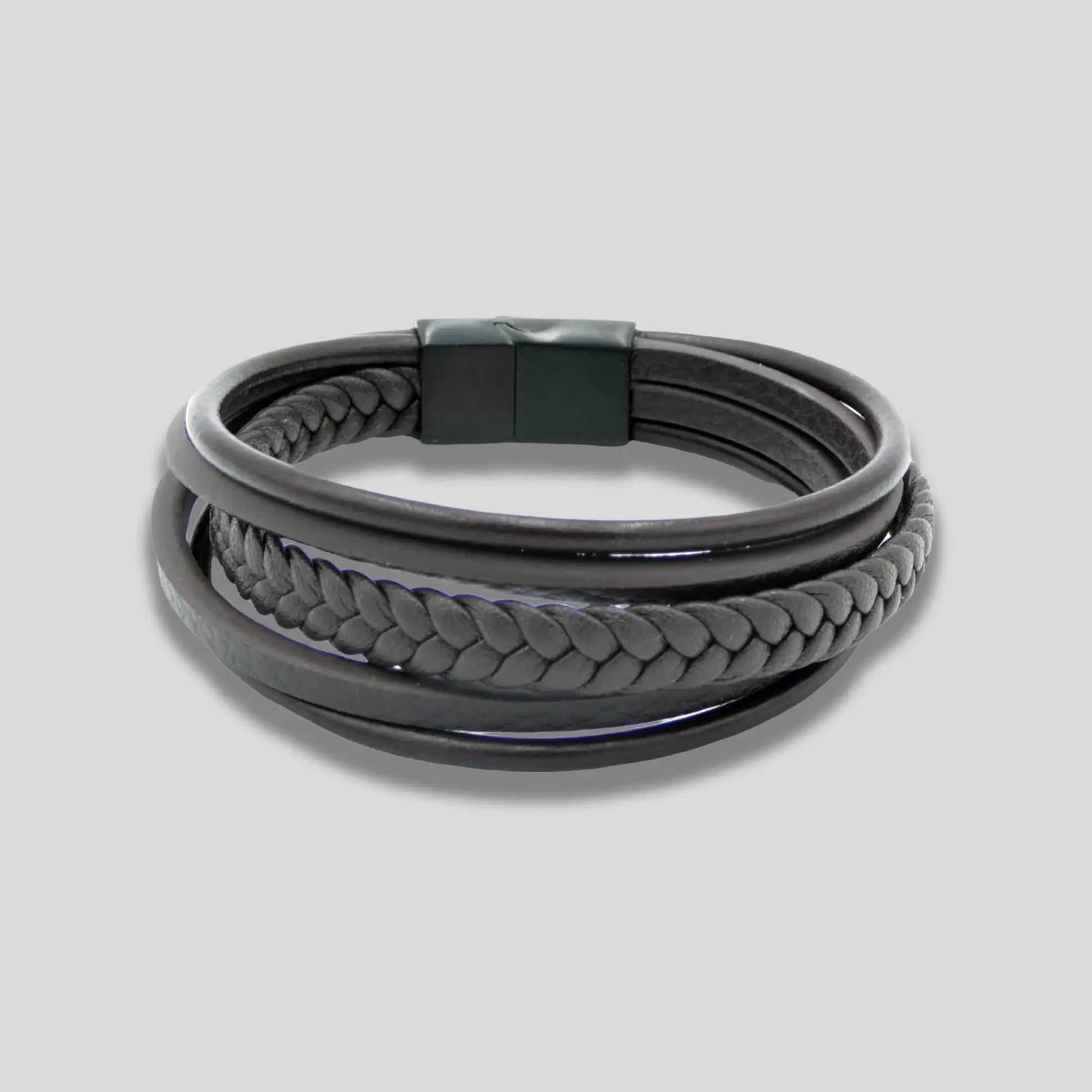 Brown Braided Leather Bracelet with Brushed Black Steel Clasp