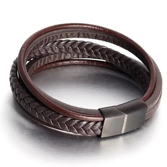 Brown Braided Leather Bracelet with Brushed Black Steel Clasp