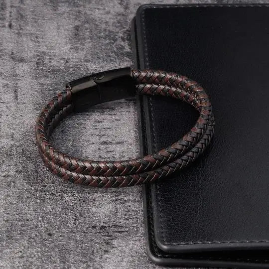 Brown and Black Braided Leather Bracelet with Stainless Steel