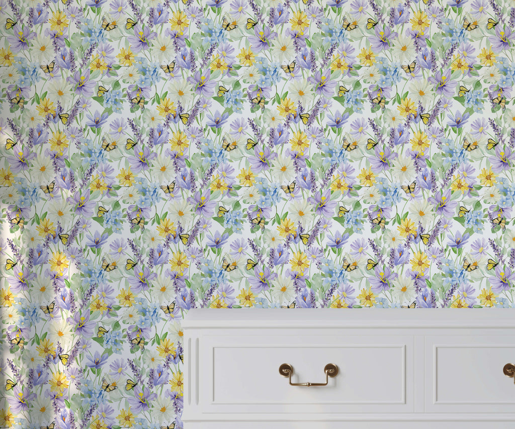Yellow Butterfly Wallpaper with Purple Blossoms