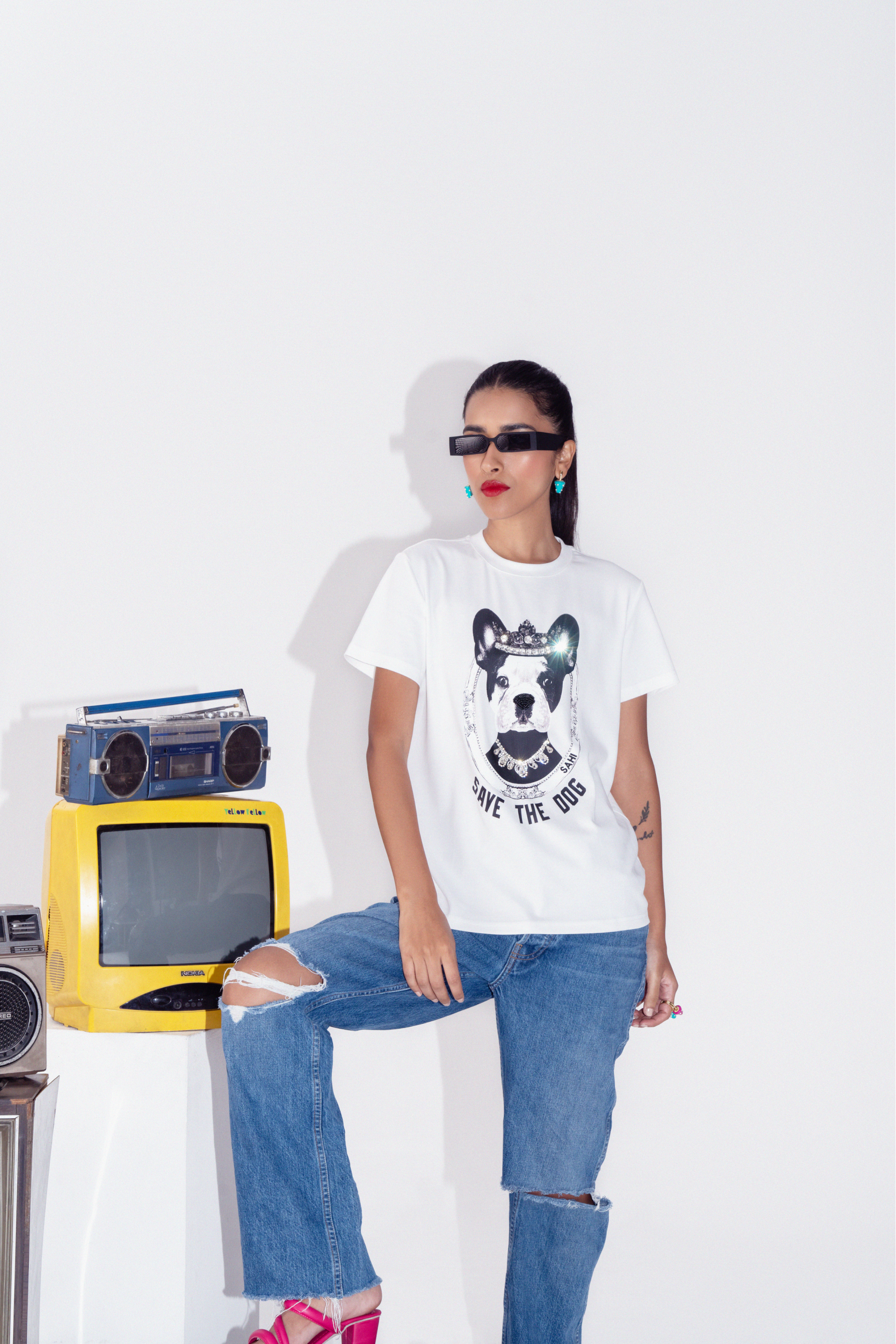 Save The Dog Graphic Embroidered Cotton T-Shirt