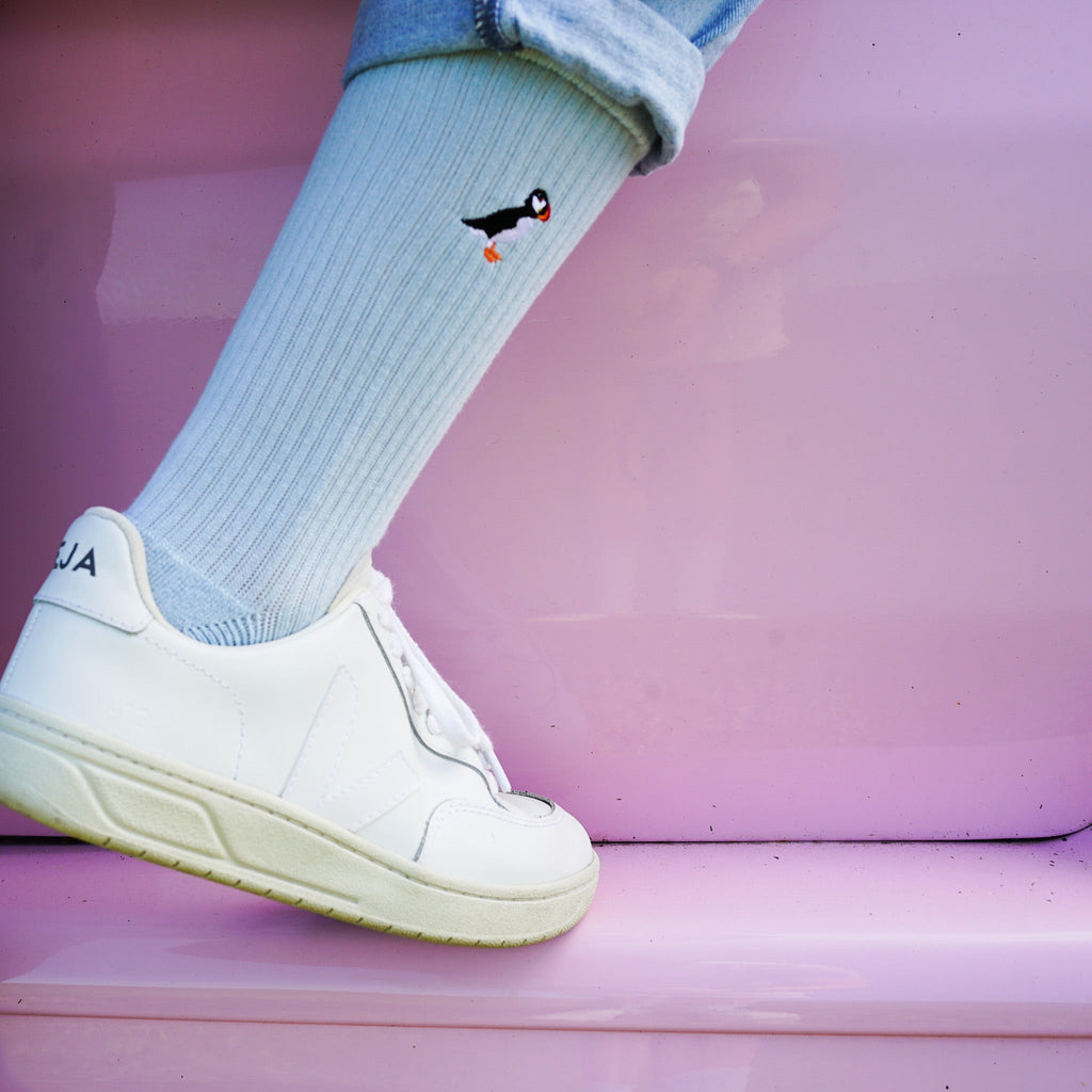 Save the Puffin Ribbed Bamboo Socks in Blue