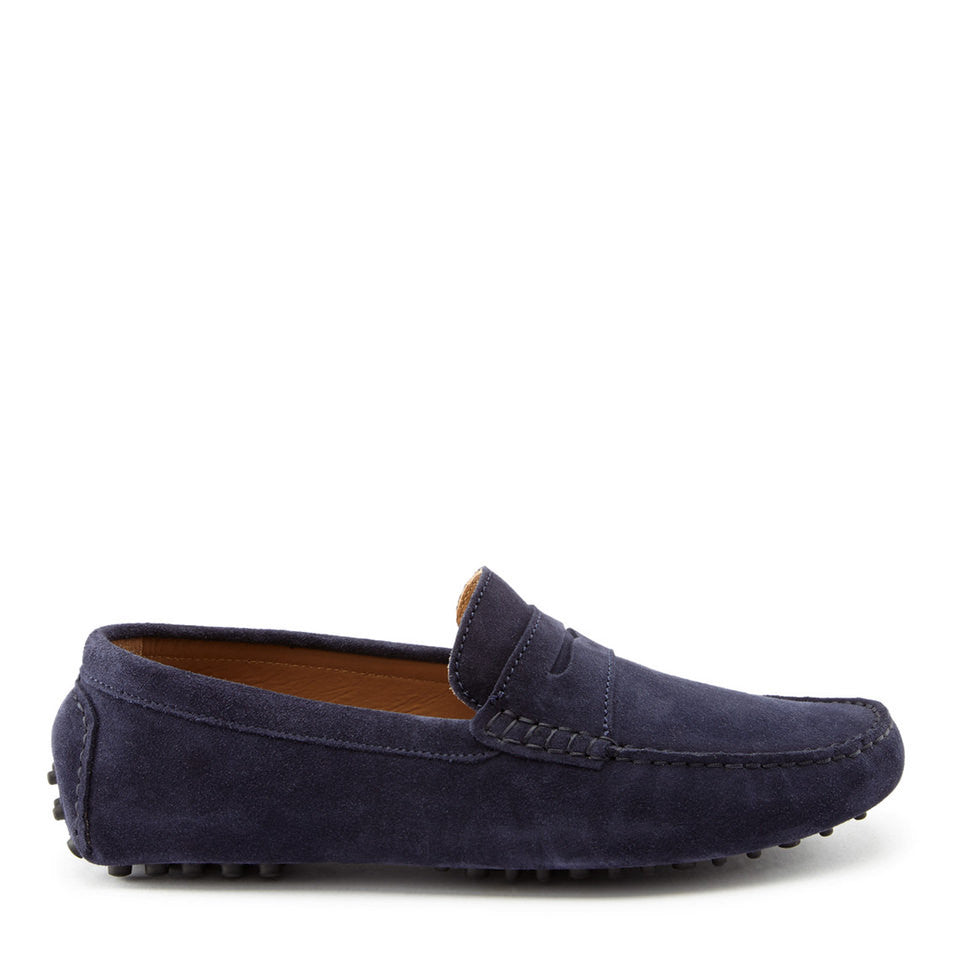 Navy Blue Suede Penny Loafers