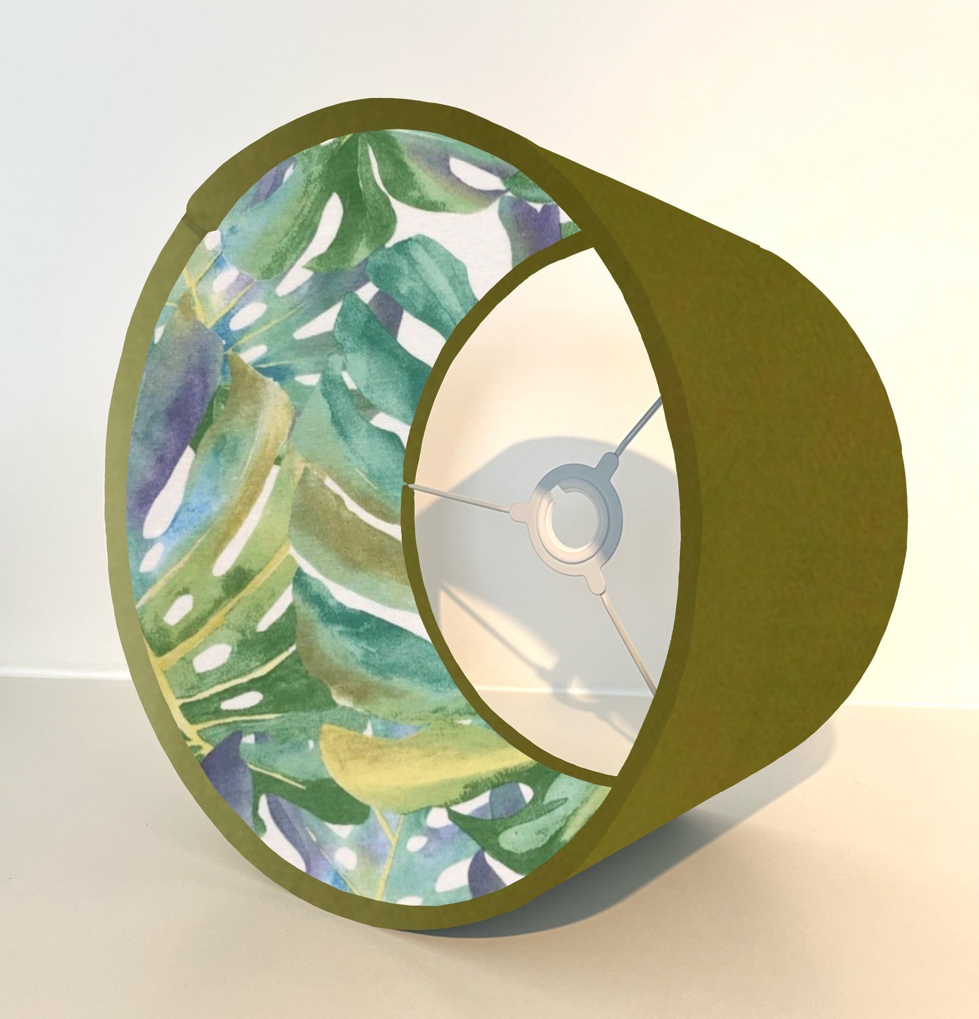 Olive velvet drum lampshade/ ceiling light shade with leaves interior