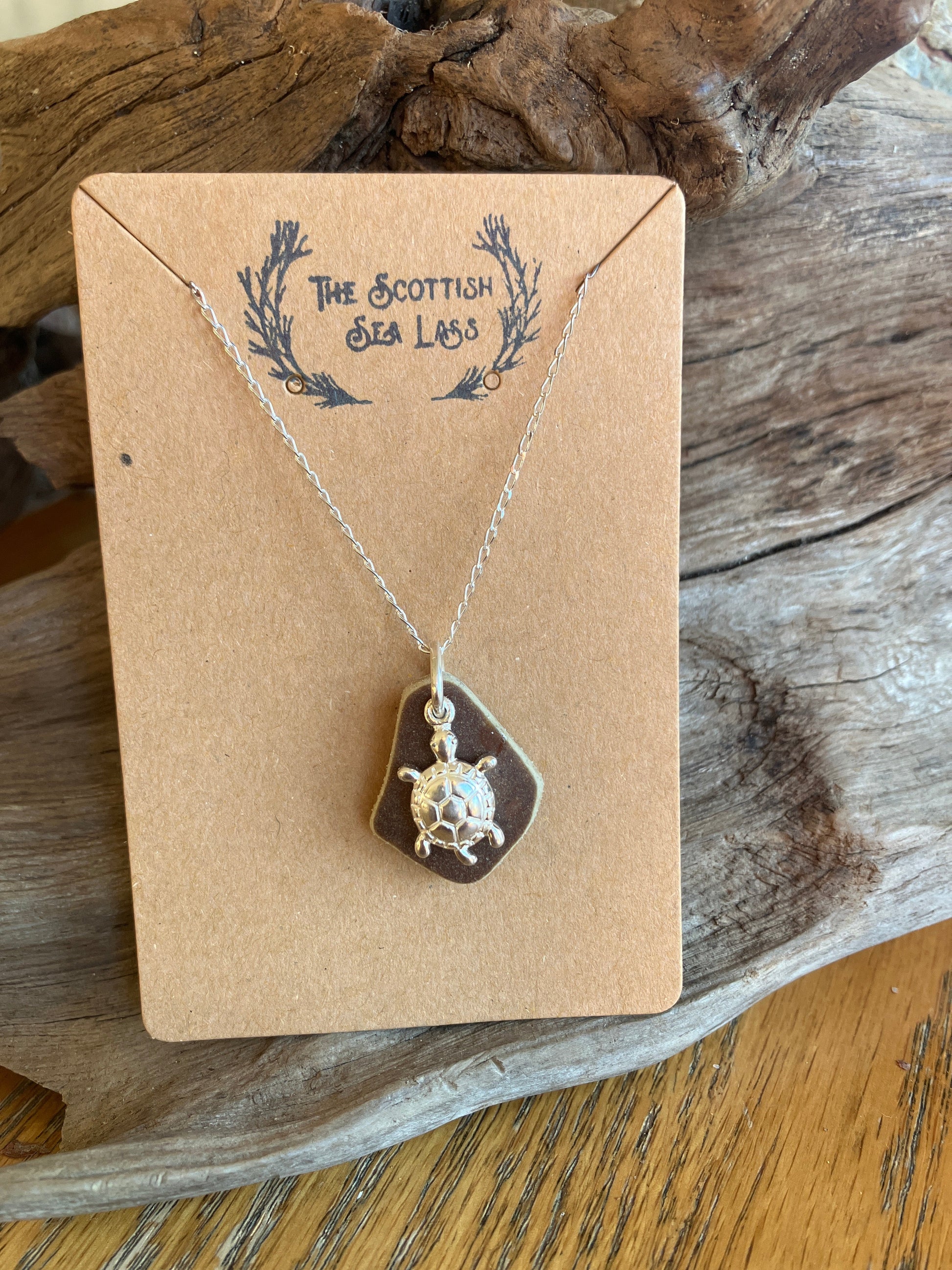 Brown Sea Pottery Turtle Pendant in Sterling Silver