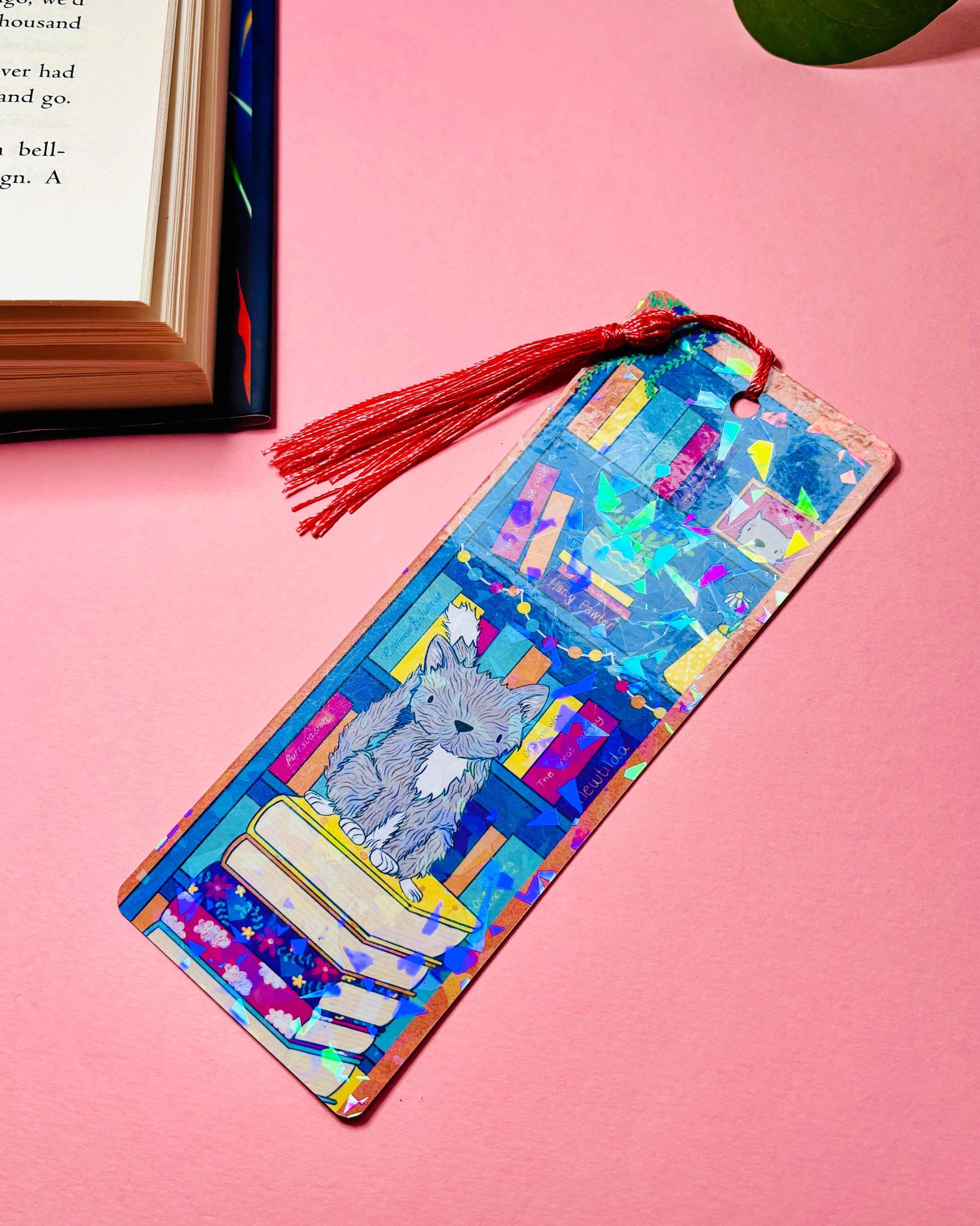 Handmade Holographic Cat Bookmark with Blue Tassel