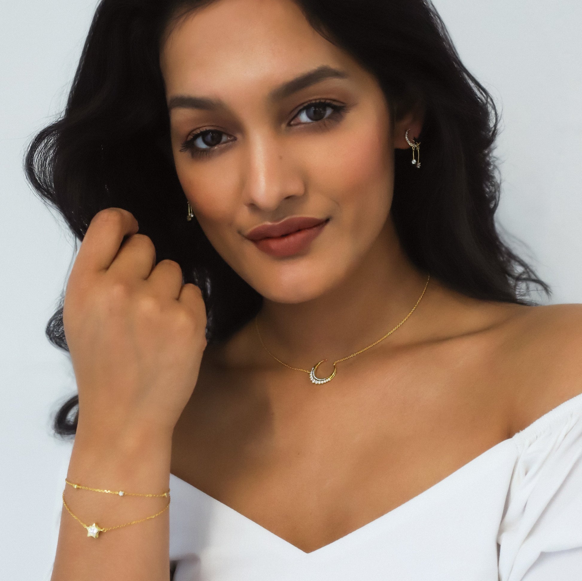 Moon and Star Drop Earrings in 18k Gold Plated Silver