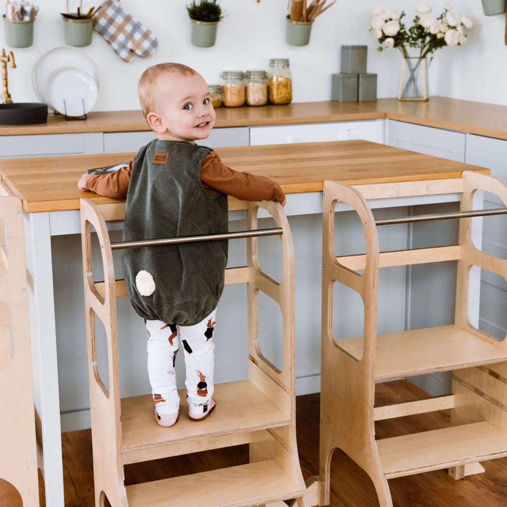 STEP UP Adjustable Height Helper Tower With Support Legs - Natural Wood