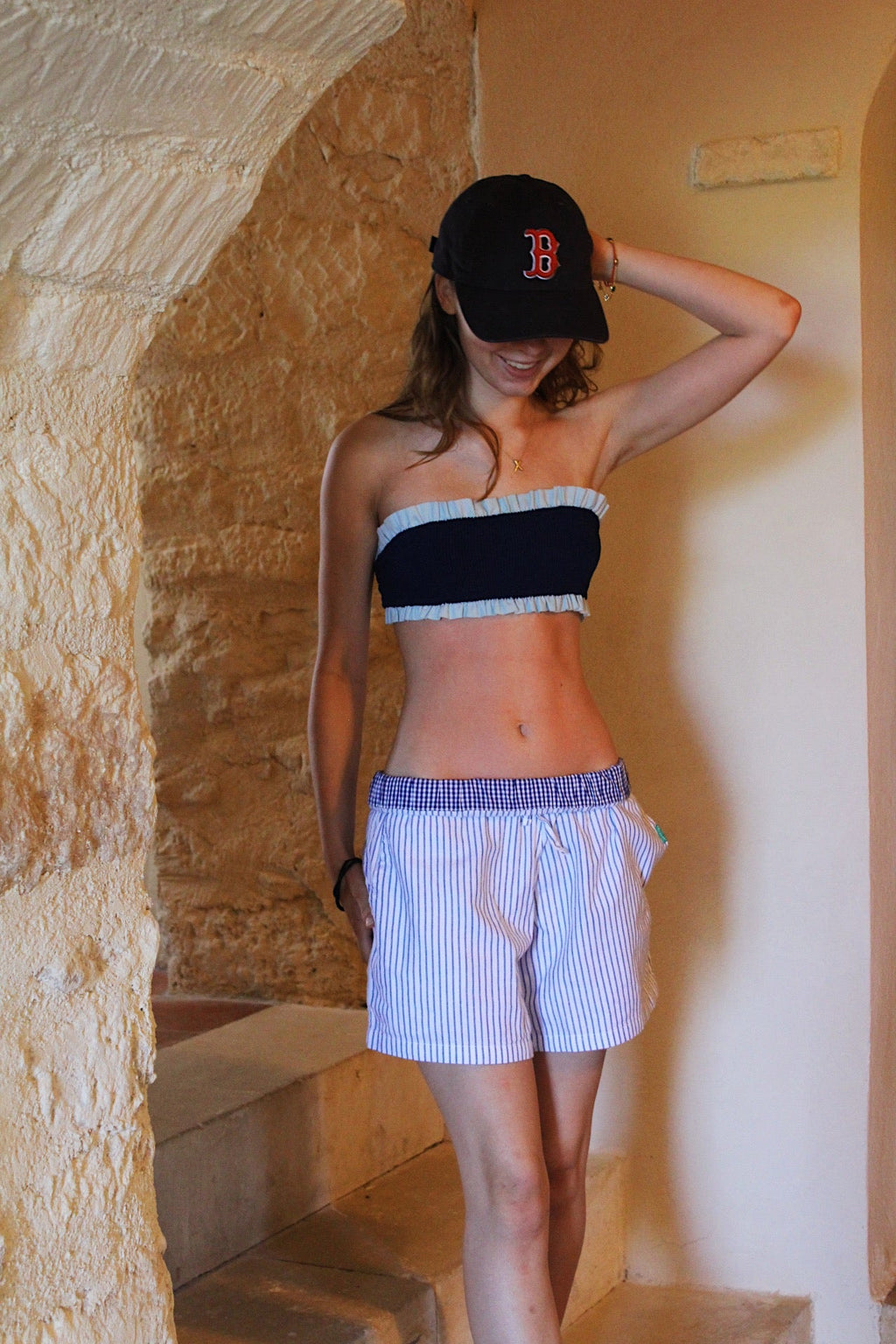 Unisex Monk Seal Shorts in Blue and White Stripe