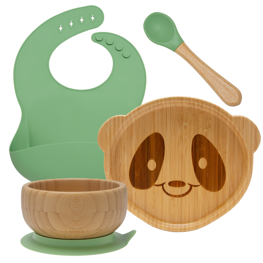 Set of green bib, wooden spoon, bamboo bowl, and panda-shaped plate on a white background at Sostter