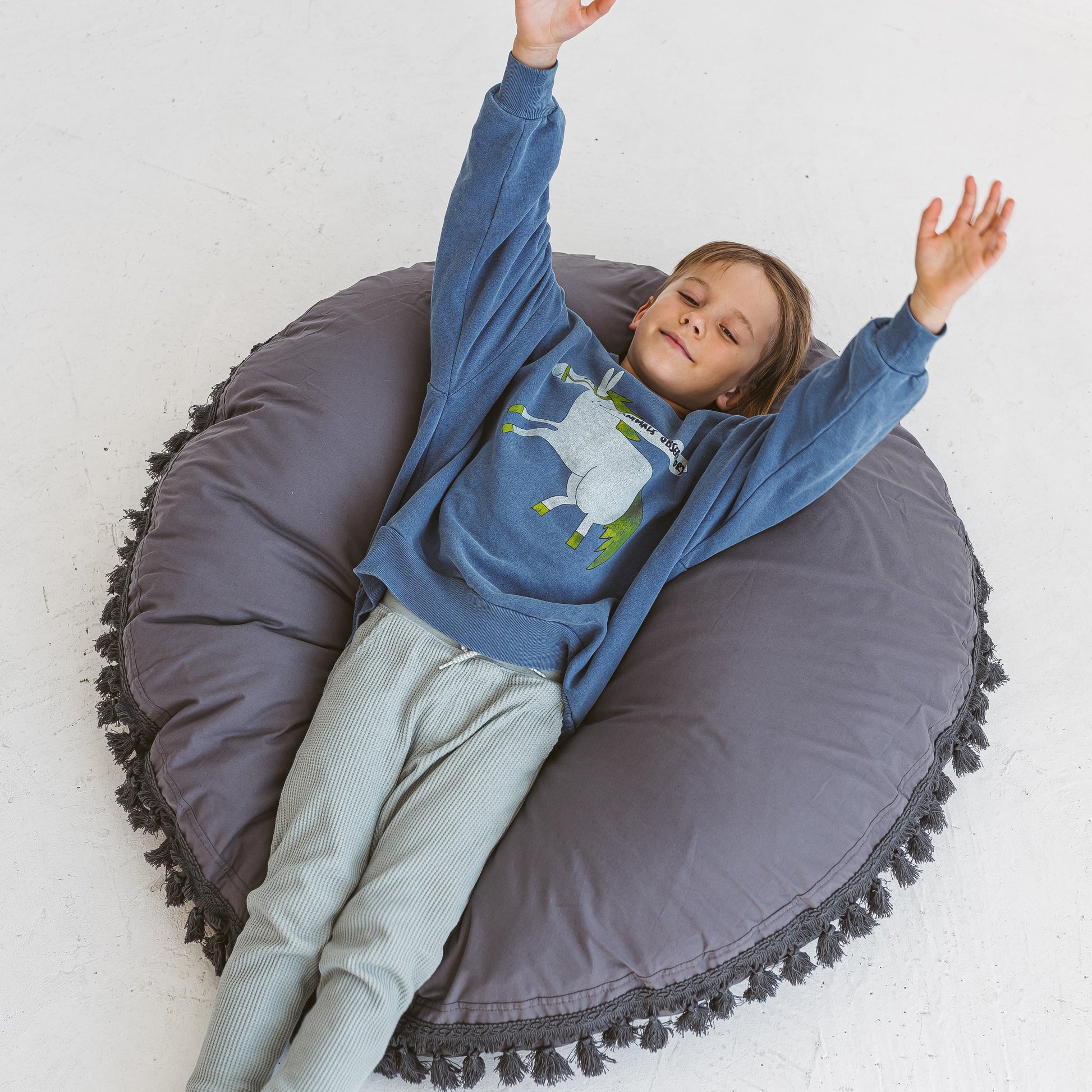 Large Floor Cushion with Tassels in Grey
