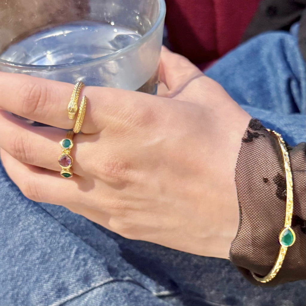 Iris Three Gemstones Ring Green Onyx & Amethyst