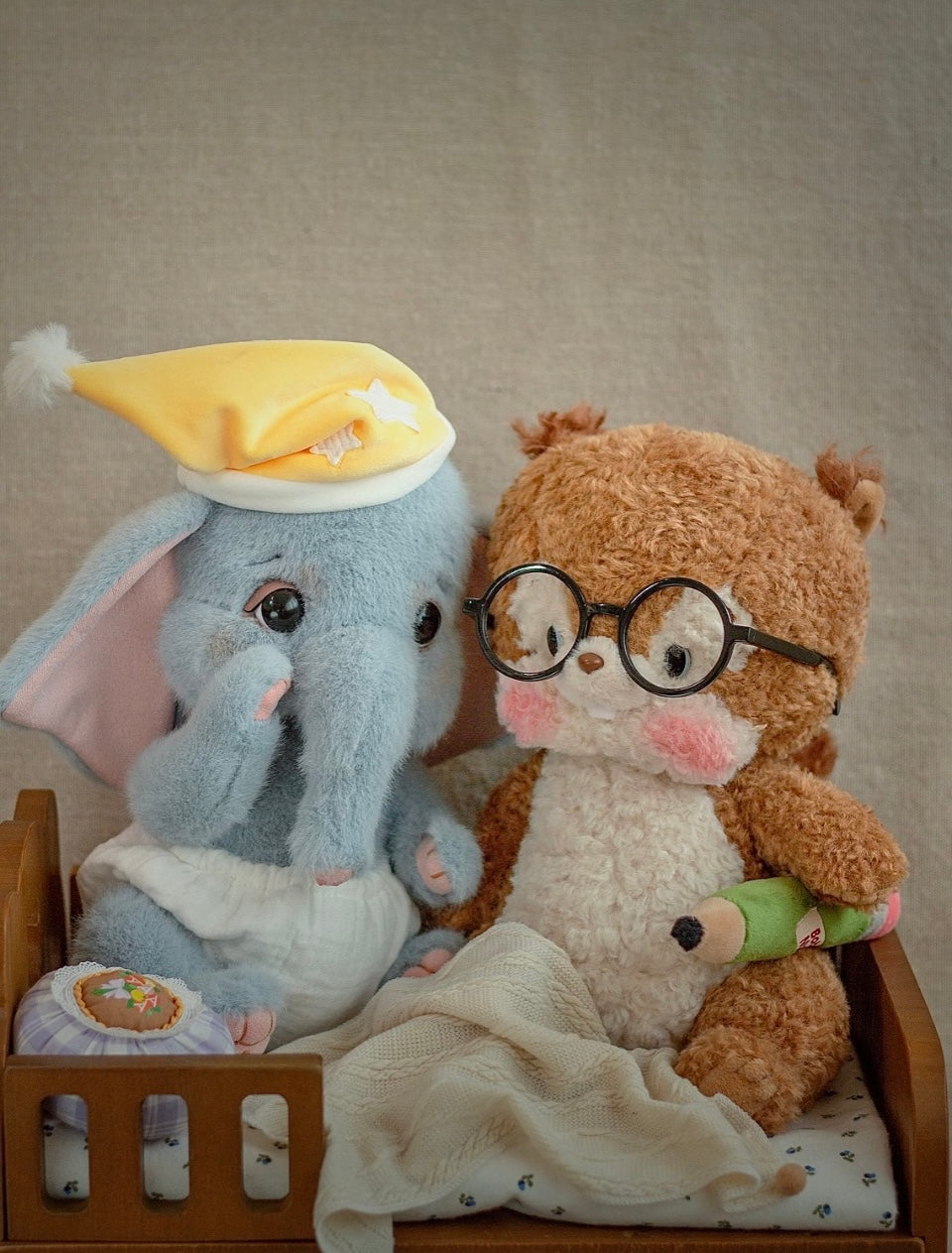 Handmade Soft Elephant Plush Toy with Tiny Bear Companion
