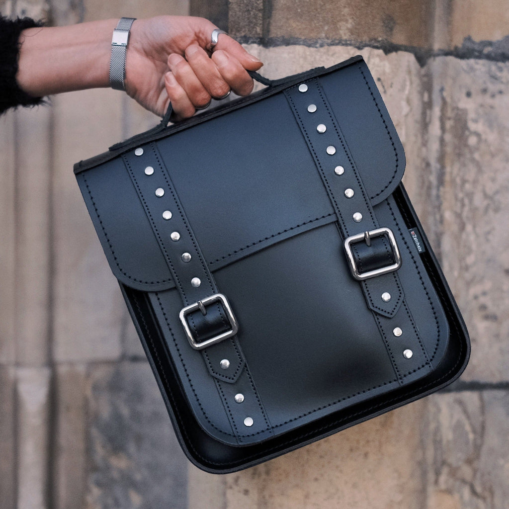 Handmade Leather City Backpack in Black Gothic Studded