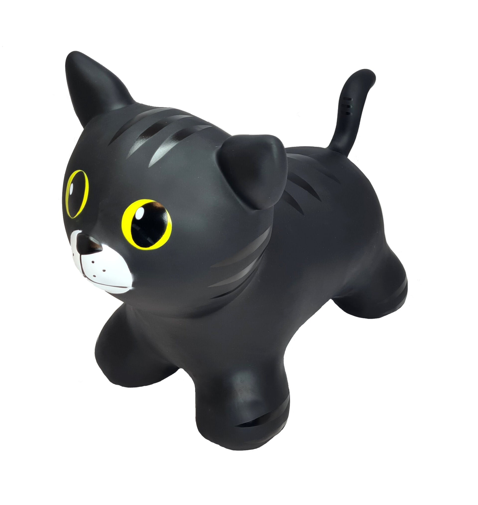 a toddler gleefully bouncing on a black cat jumpy toy in a sunlit playroom