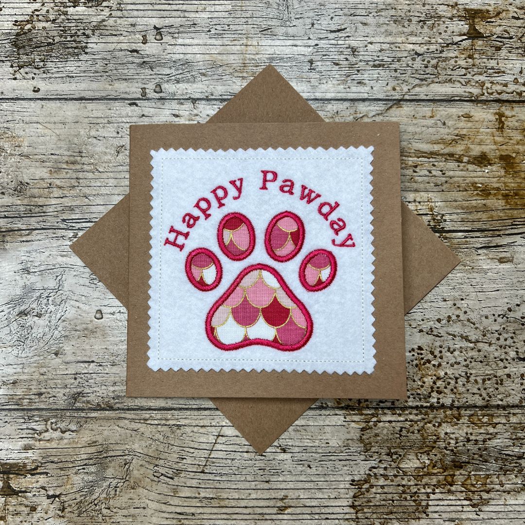 Happy Pawday Birthday Card with Embroidered Applique Pawprint