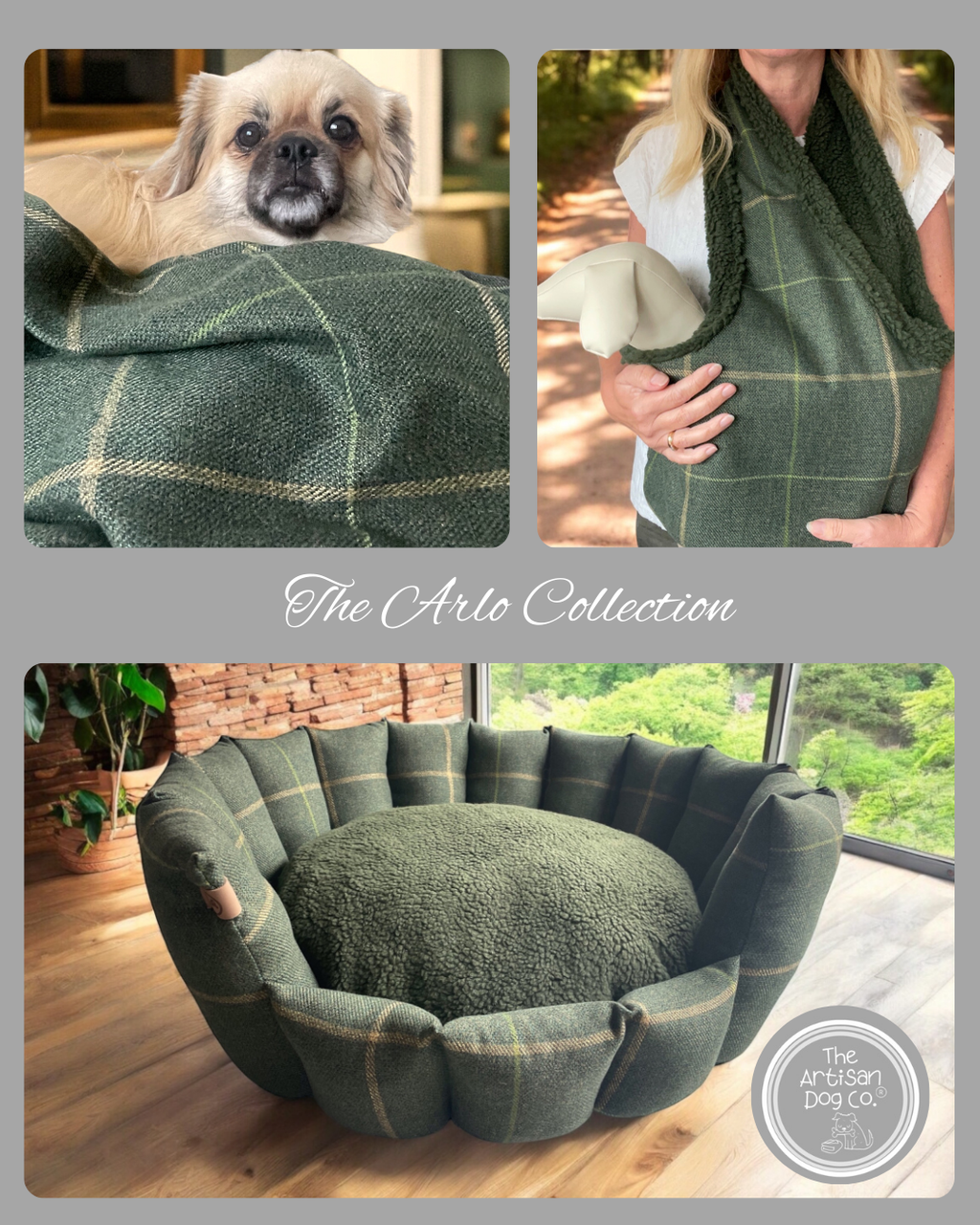 Handcrafted Luxury Forest Green Check Puppy and Small Dog Carrier Sling