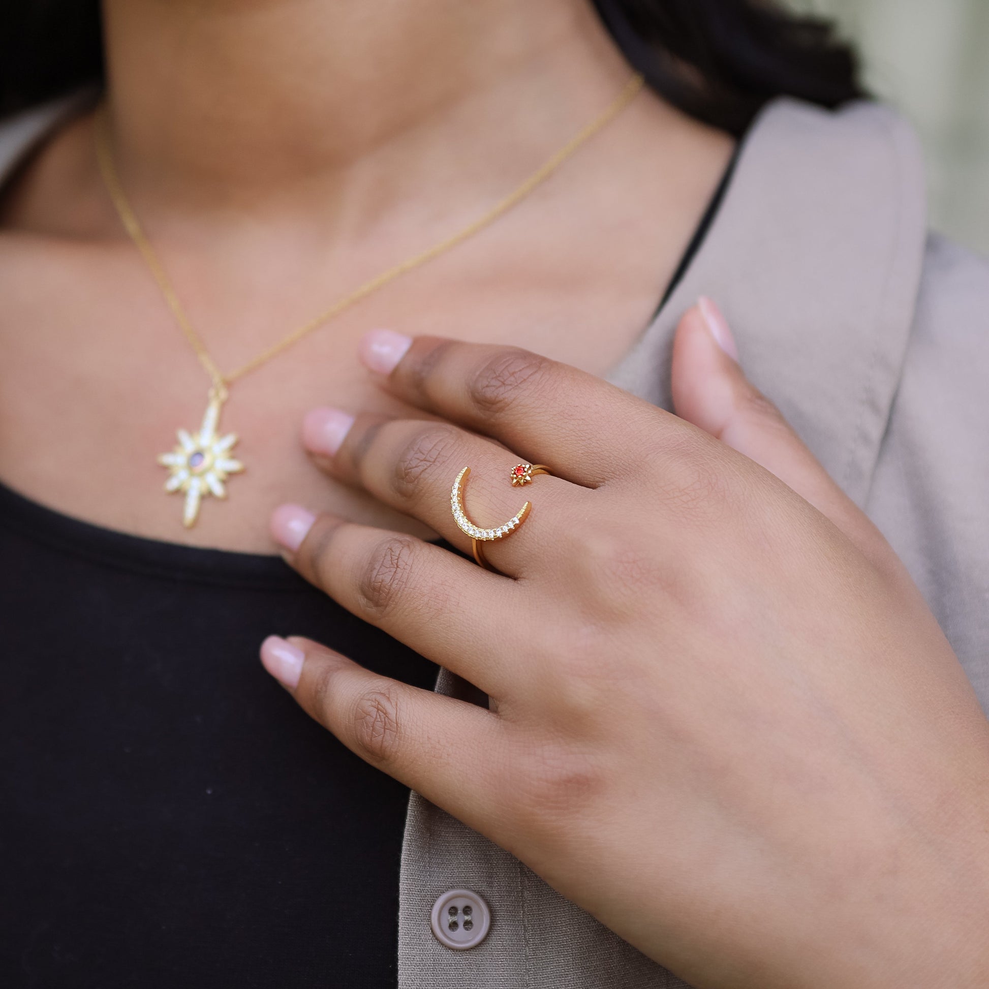 Star and Moon Birthstone Ring in 18K Gold Plated Silver