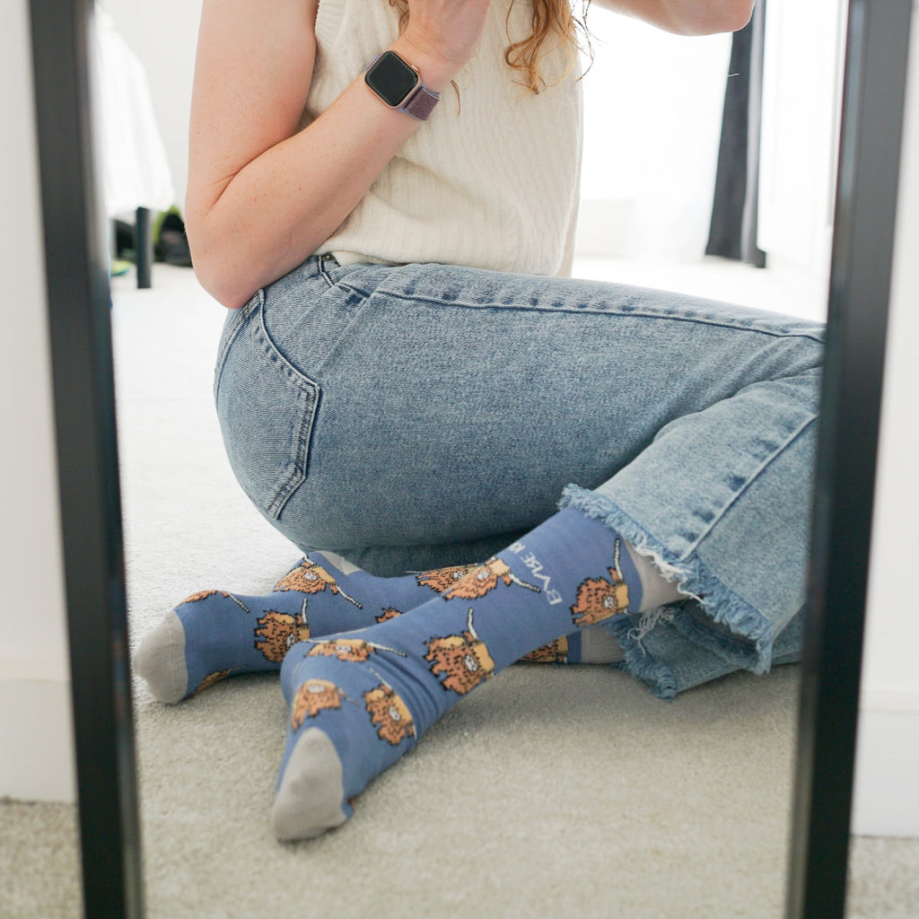Highland Cow Bamboo Socks in Blue