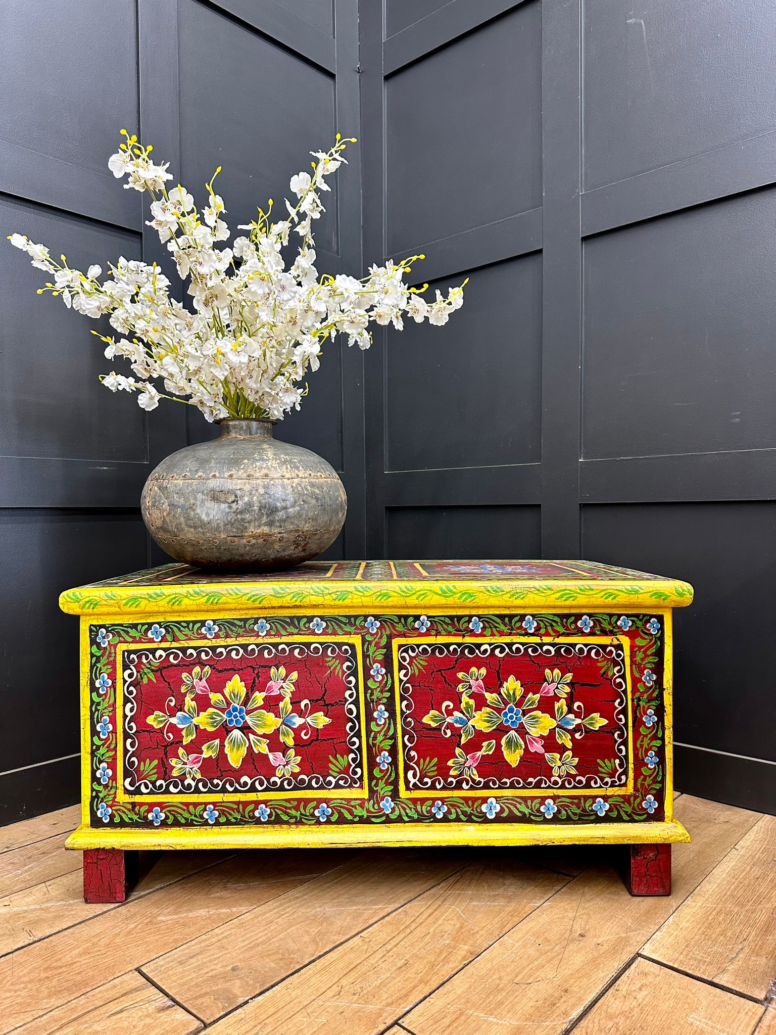 Vintage Hand Painted Indian Trunk Coffee Table Red Floral