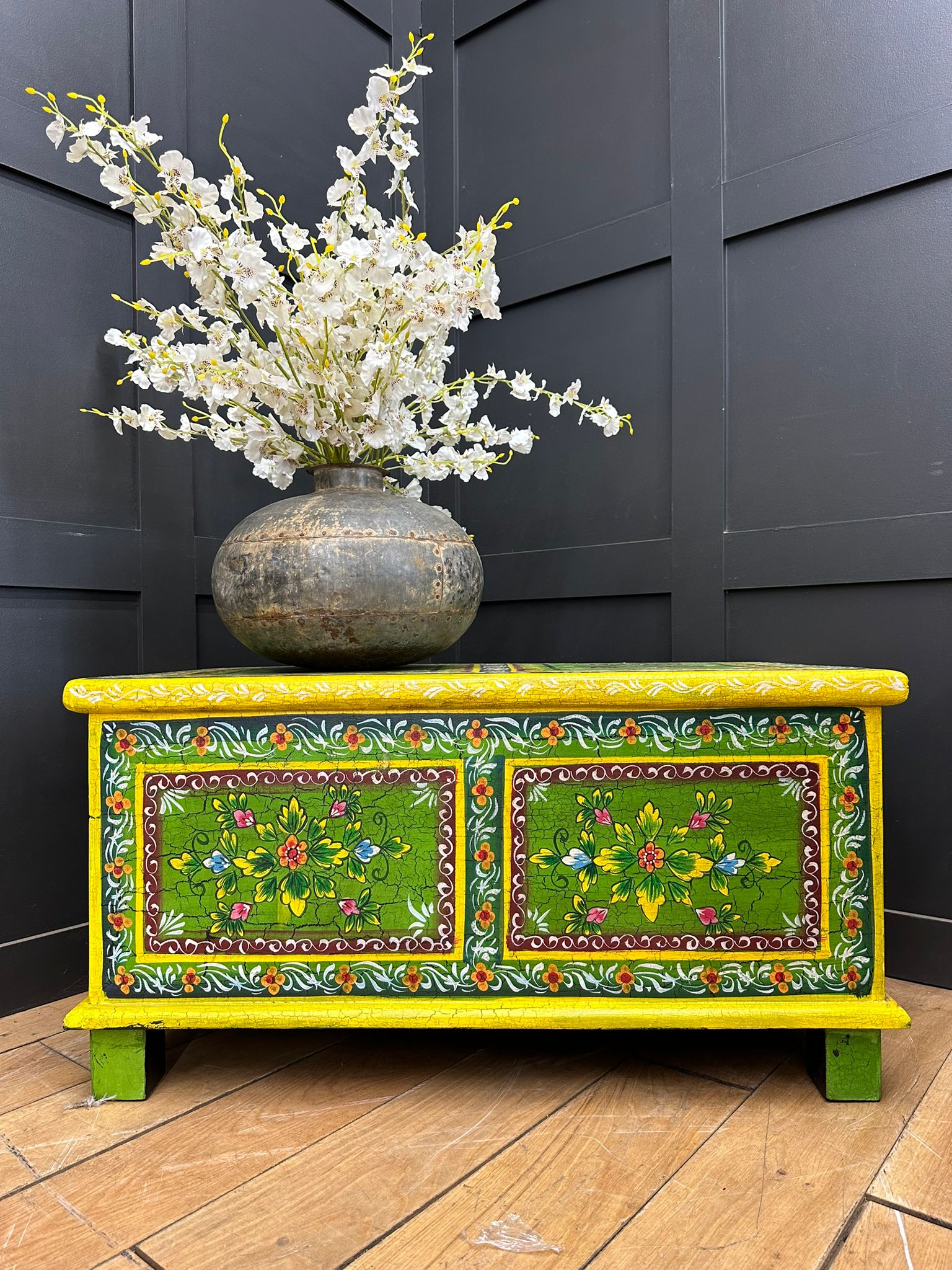Vintage Hand Painted Indian Trunk Coffee Table Storage Chest Green Floral