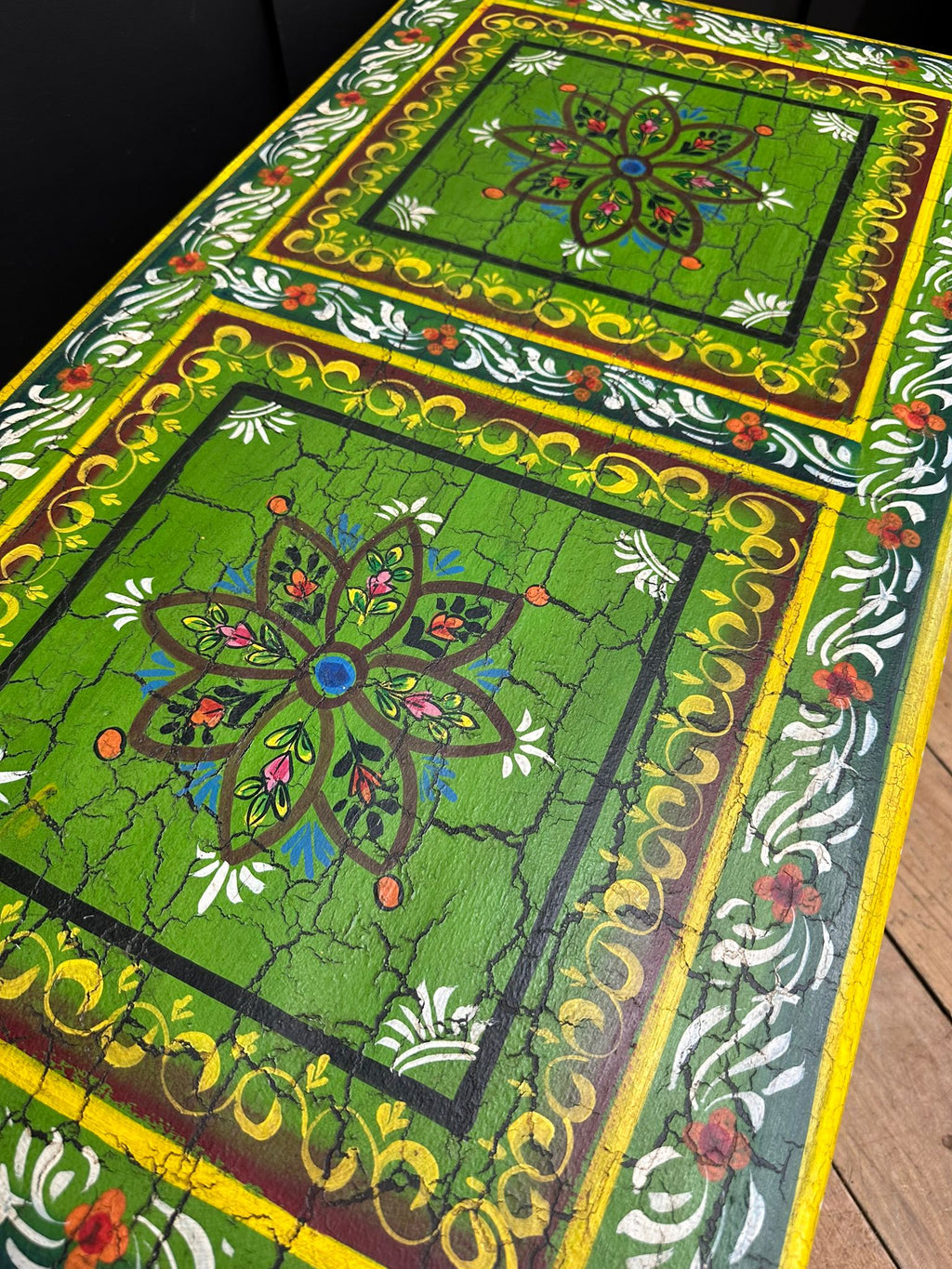 Vintage Hand Painted Indian Trunk Coffee Table Storage Chest Green Floral