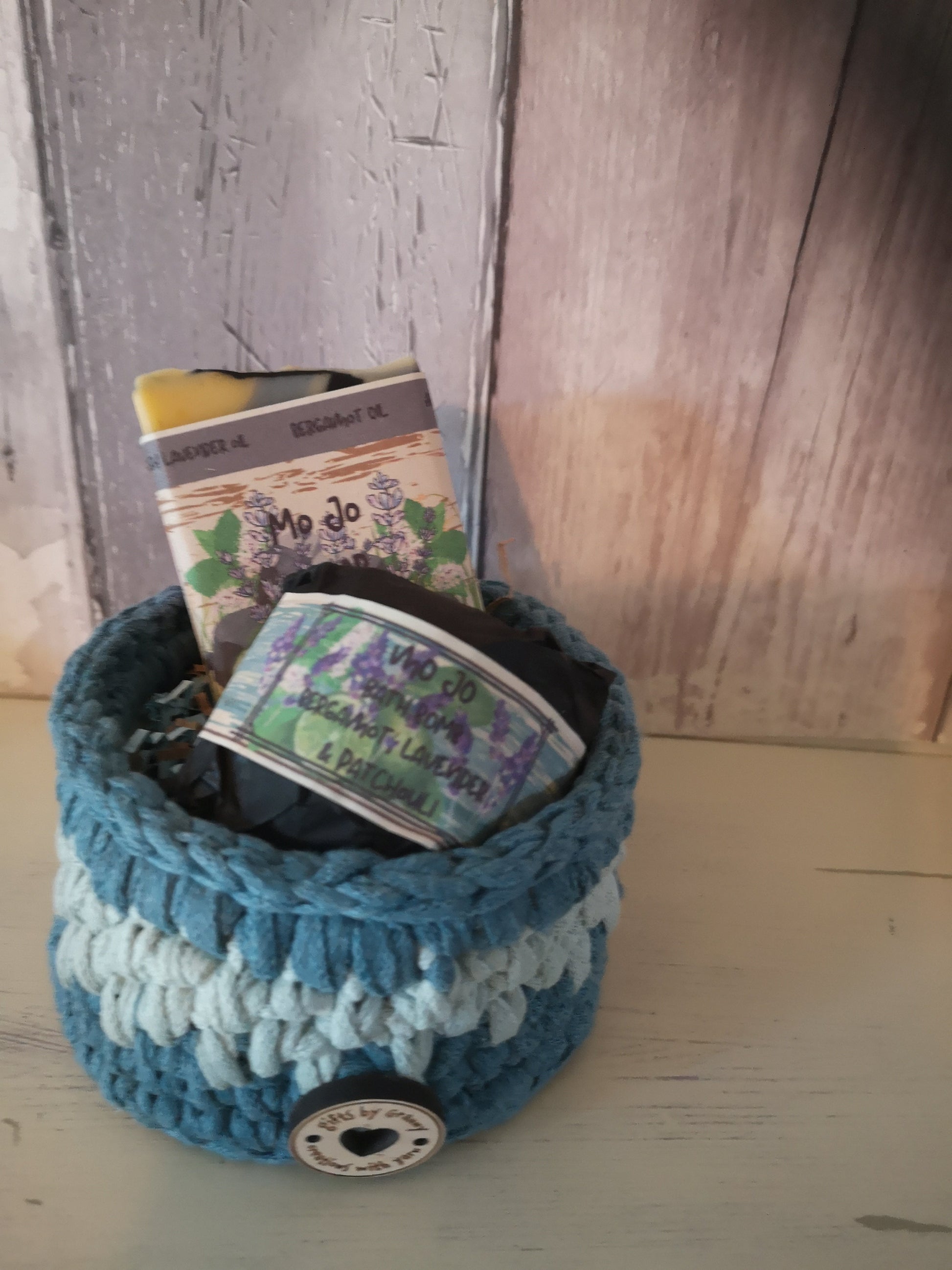 Recycled Cotton Gift Basket with Natural Soap and Bath Bomb