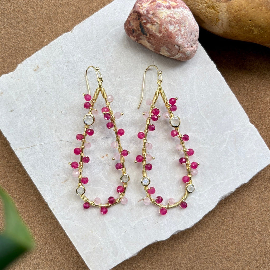 Large Teardrop Wire Wrapped Gemstone Earrings in Moonstone and Rose Quartz
