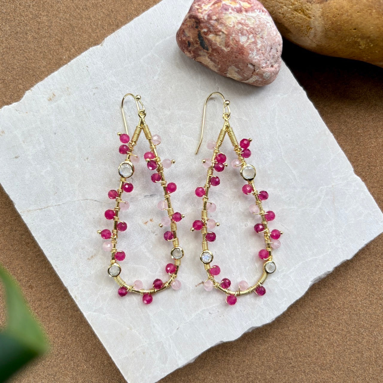 Large Teardrop Wire Wrapped Gemstone Earrings in Moonstone and Rose Quartz