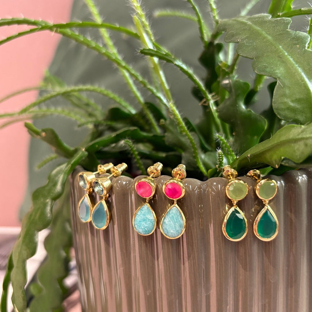 Gold Double Gemstone Drop Earrings with Green Onyx and Prenite