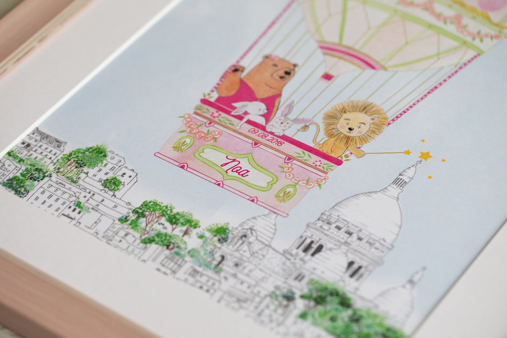 Personalised Hot Air Balloon of Montmartre Wall Print for Girls