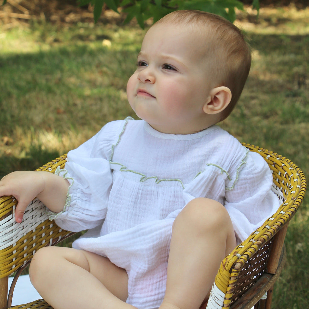 Organic Cotton Muslin Green Ruffle Romper for Baby