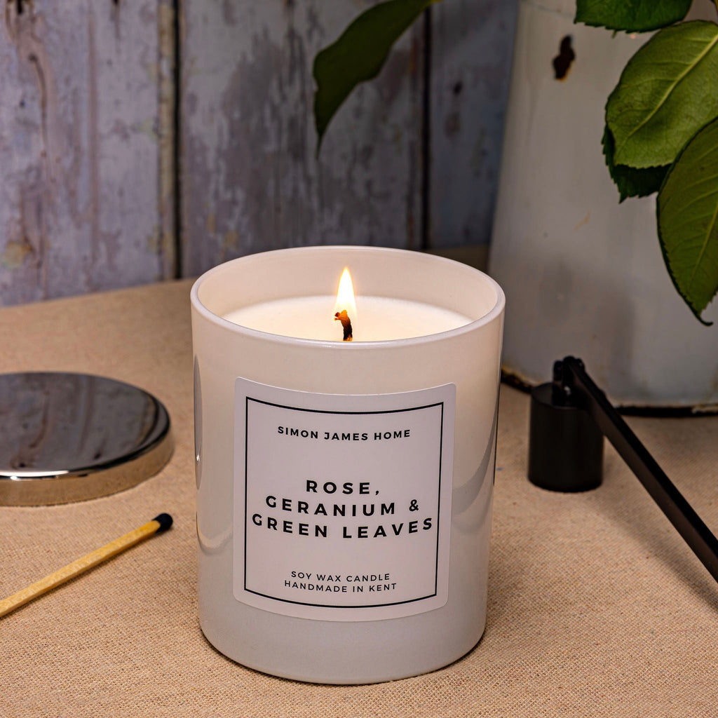 Rose Geranium and Green Leaves Handmade Soy Wax Candle