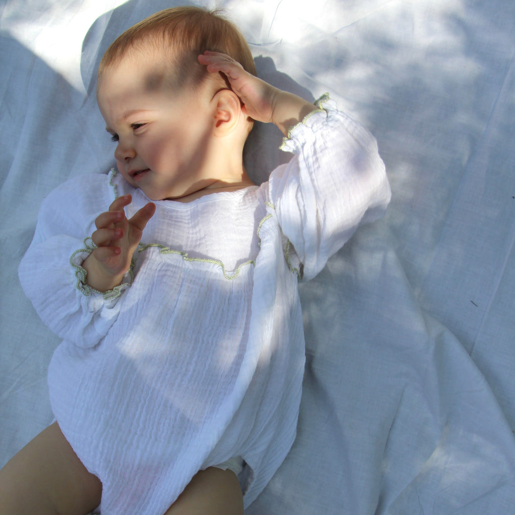 Organic Cotton Muslin Green Ruffle Romper for Baby