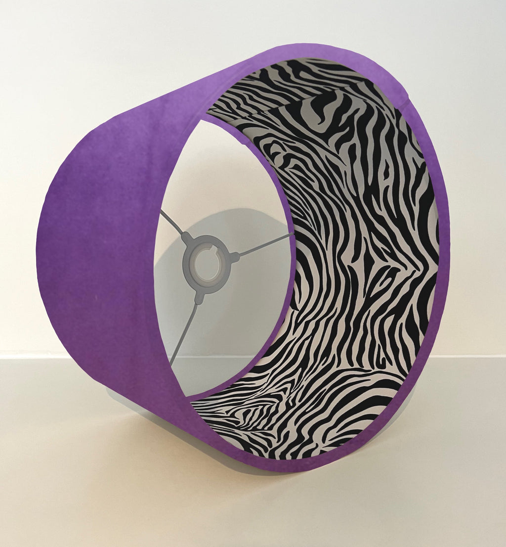 Purple velvet drum lampshade/ ceiling light shade with zebra print cotton interior