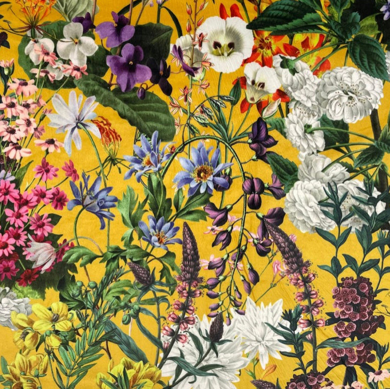 Mustard flowers velvet drum lampshade / ceiling shade, with a metallic brushed gold lining