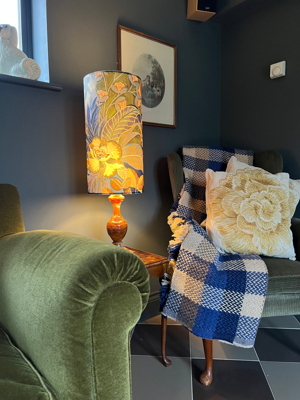 Floral midnight Velvet cylinder lampshade, extra tall lampshade