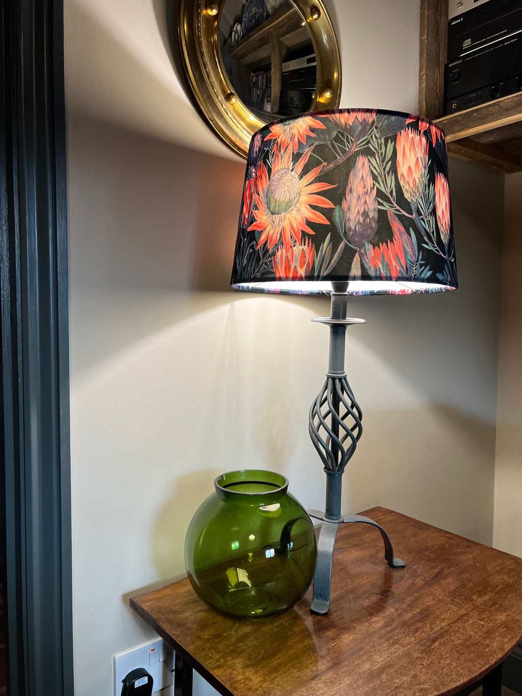 Black and pink botanical velvet french drum lampshade/ ceiling light shade, empire lampshade