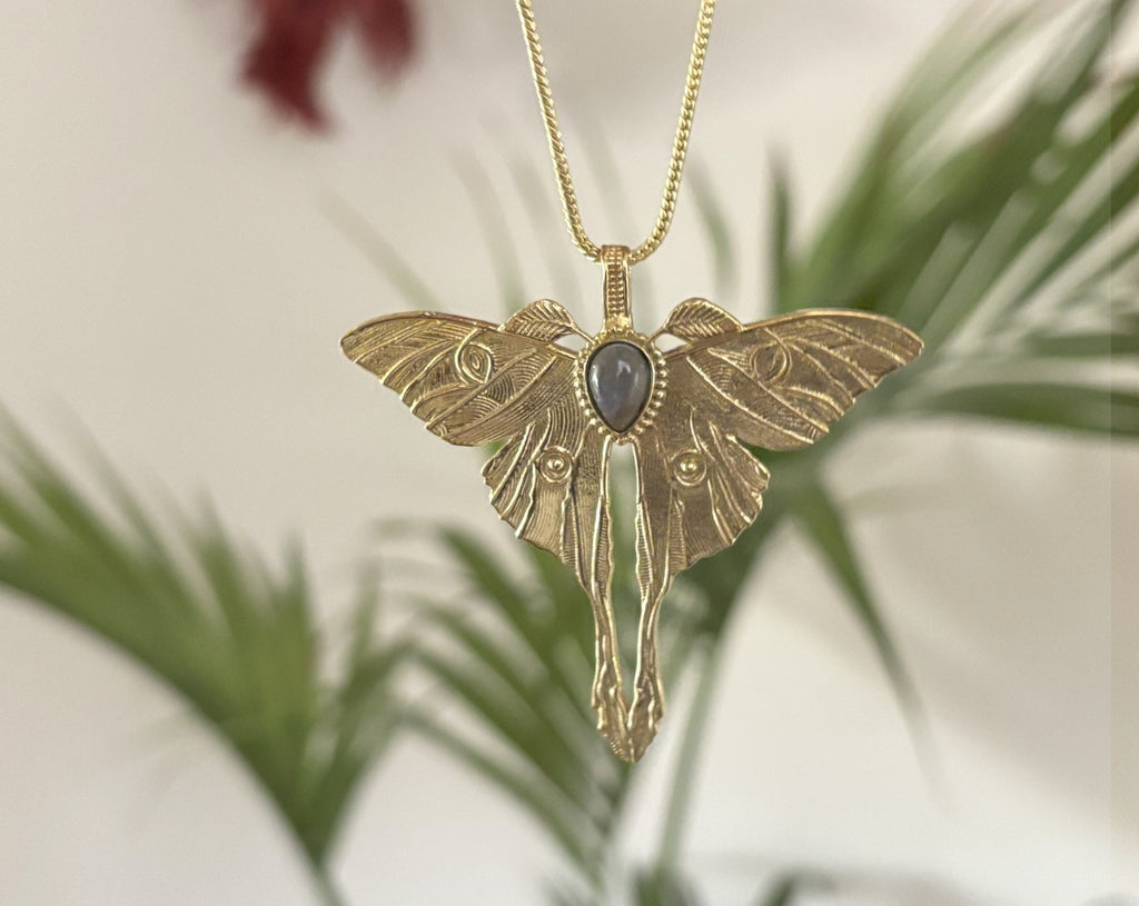 Gold and Silver Luna Moth Necklace with Labradorite and Moonstone