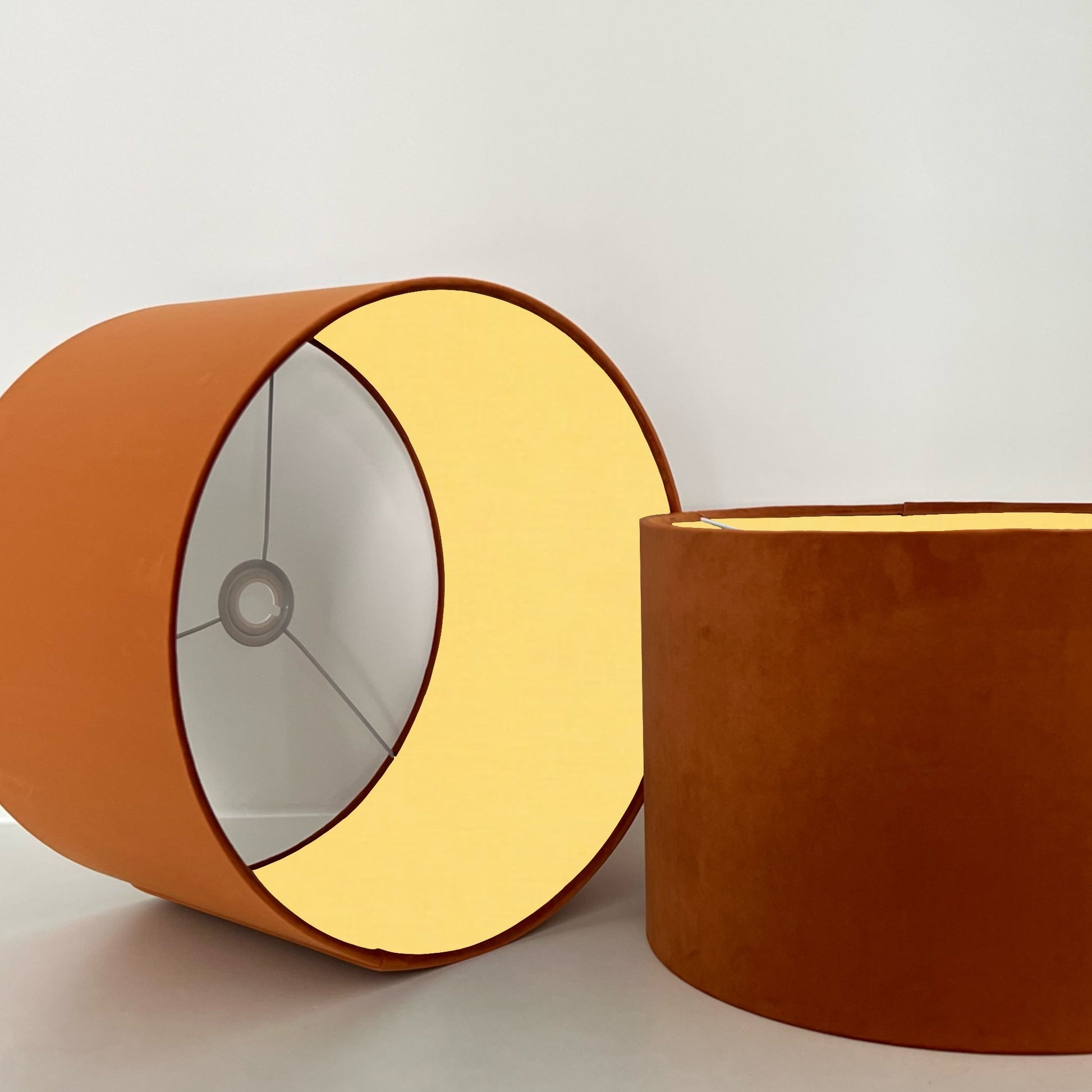 Burnt orange velvet drum lampshade/ ceiling light shade with lemon yellow cotton interior