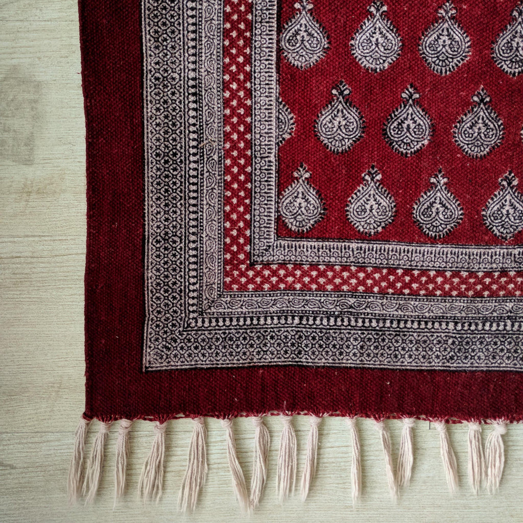 Paisley Jaal Hand Block Print Rug in Red and White