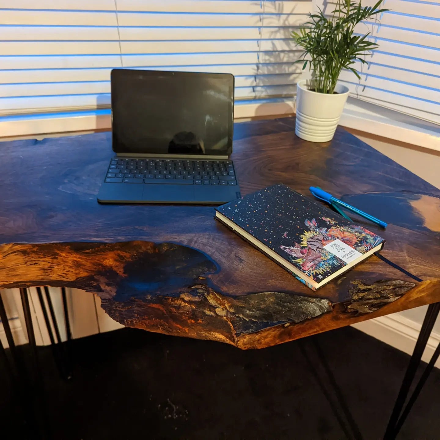 Walnut and Gold Black Epoxy Resin Side Table